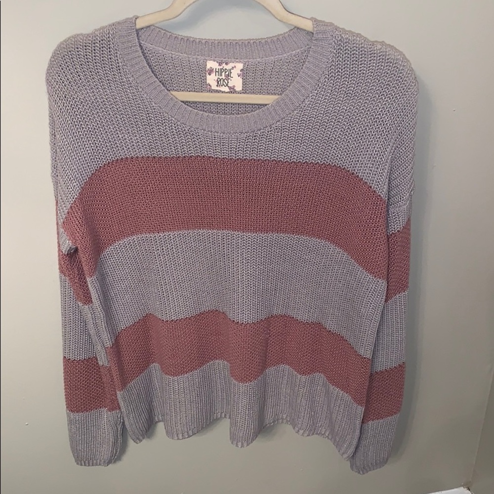 purple and gray striped sweater